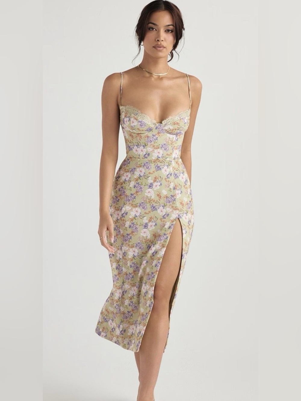 House of CB Yellow Floral Bustier Charlotte Midi Dress